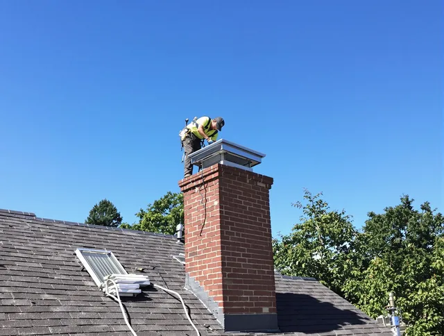 Derby Chimney Sweep technician measuring a chimney cap in Derby, CT